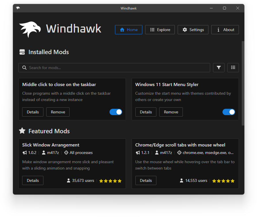 Windhawk desktop software interface showing Installed Mods and Featured Mods